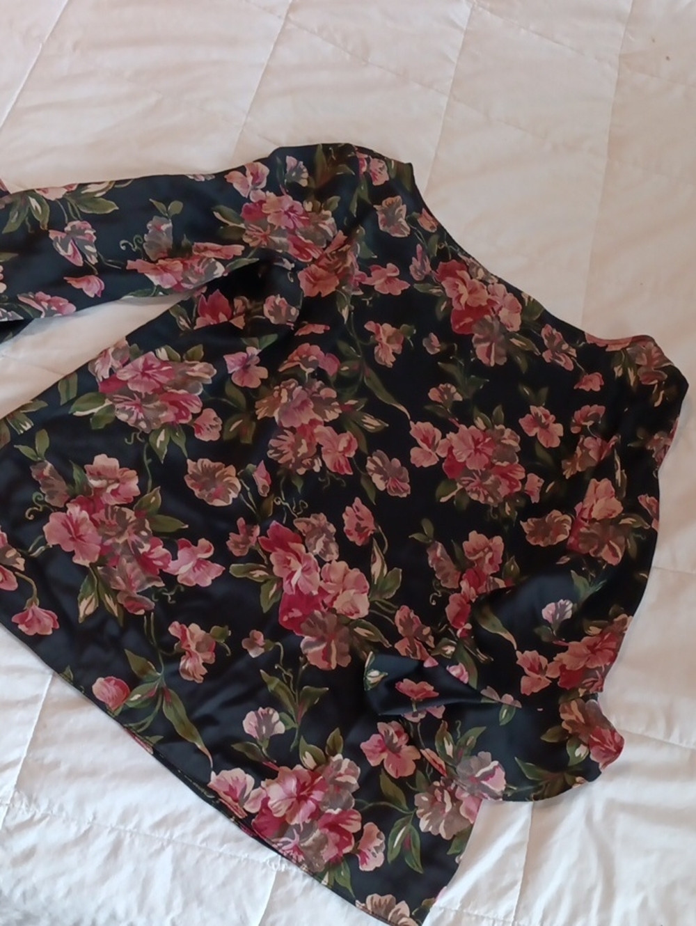 Lauren Ralph Lauren Black Satin Blouse with Pink Floral Print